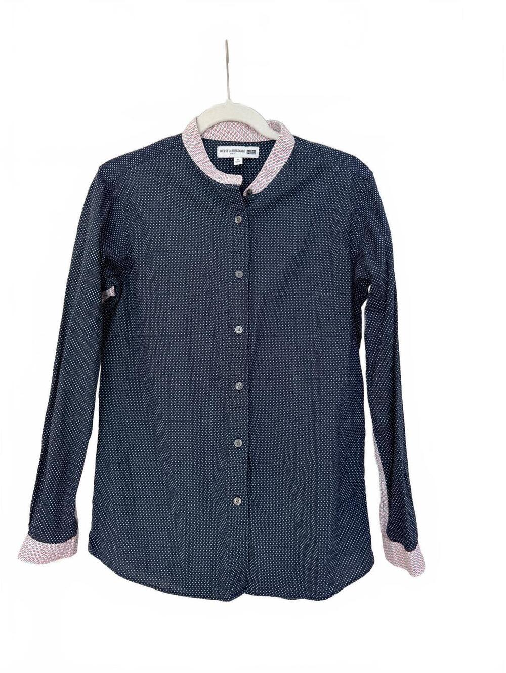 Ines de la Fressange Uniqlo Shirt French Girl Chic Polka Dot Blouse Navy M